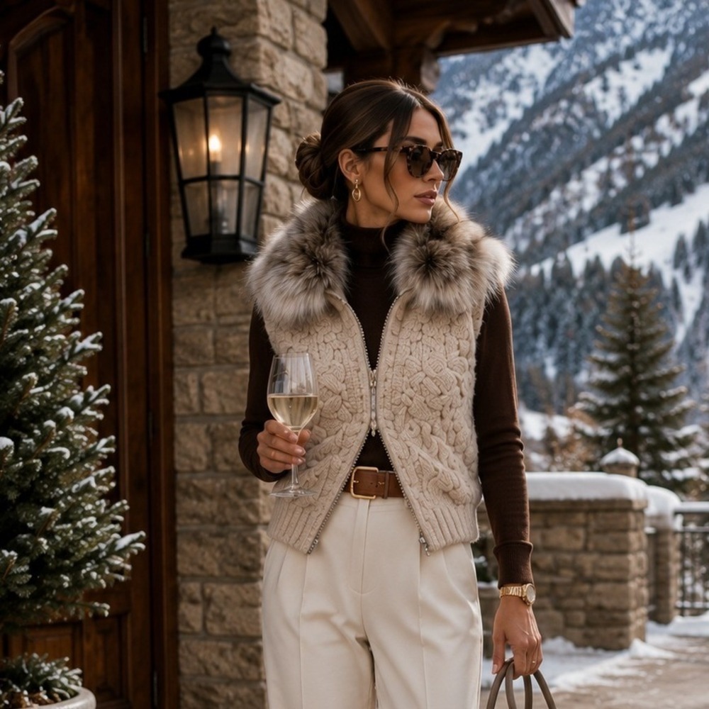 LOFT Ann Taylor Beige Cable Knit Faux Fur Collar Sweater Vest Small Petite SP